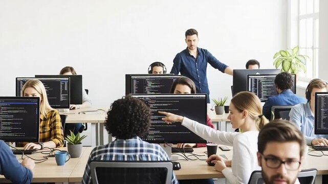Diverse team of programmers working in a modern open-plan office, coding on computers.