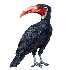 Abyssinian Ground Hornbill, watercolor vector portraying a joyful pose with colorful highlights, isolated on a white background. © trovexa