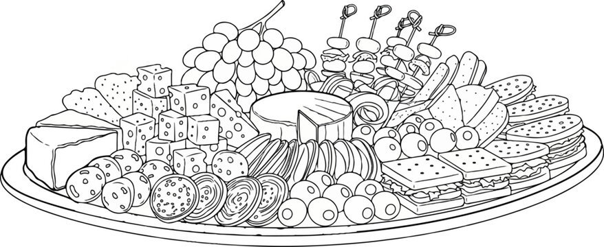 A bountiful platter filled with assorted cheeses, grapes, sliced meats, and tiny sandwiches