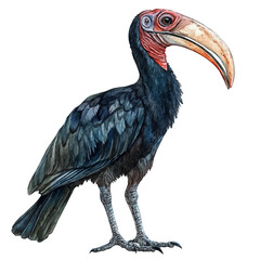 Obraz premium Abyssinian Ground Hornbill, watercolor painting capturing graceful lines and soft blended shades, isolated on a white background.