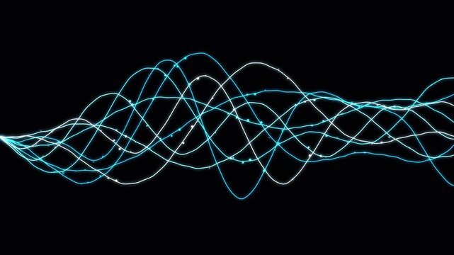 Abstract blue and white sine wave pattern on a black background, representing data visualization, sound waves, or digital communication for technology and science concepts