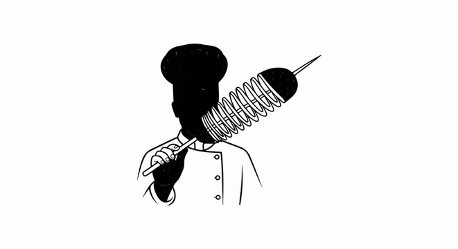 Chef silhouette holding spiral-cut potato on stick
