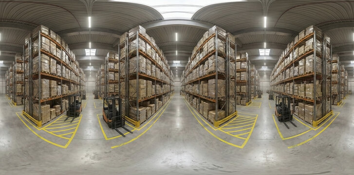 360 Degree View of a Large Distribution Warehouse with High Shelves Packed Boxes Forklifts and Industrial Lighting for Supply Chain Concepts