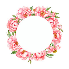 Obraz premium The wreath has a round frame made of pink peonies and leaves. Watercolor illustration for postcards, logos, tags