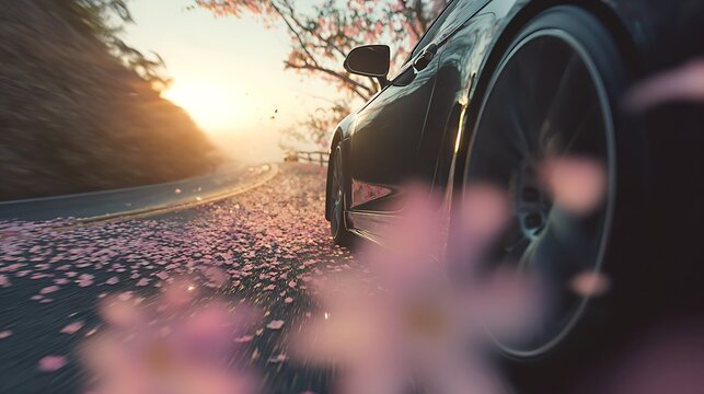 Sports car speeds down mountain road covered in scattered pink cherry blossom petals.