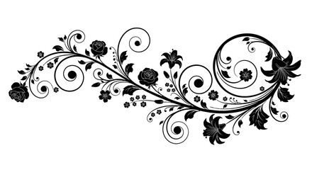Elegant black floral swirling vine design on white background.