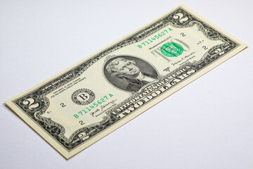 2 dollars of the United States of America with a portrait of President Thomas Jefferson. US money.