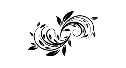 Fototapeta premium Elegant black floral swirl design with leaves on white background.