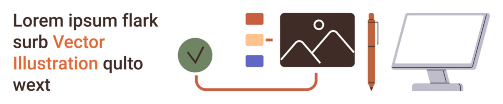 Education, technology, organization, design creation, content management, vector graphics. Elements include a computer monitor, pen checklist and image icon. Education and technology