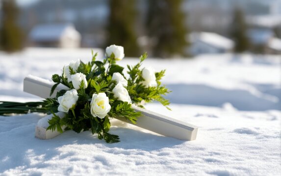 Winter Grave Decor with White Flowers and Cross on Snowy Ground