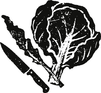 Vintage engraved illustration of fresh lettuce leaf with kitchen knife
