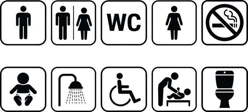 Assorted bathroom signs indicating various facilities and restrictions