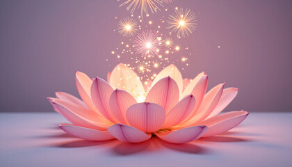 Fototapeta premium Pink lotus flower with glowing sparkles on soft background 