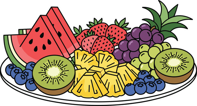 Abundant fruit platter with watermelon kiwi strawberries grapes blueberries and pineapple delicious healthy snack