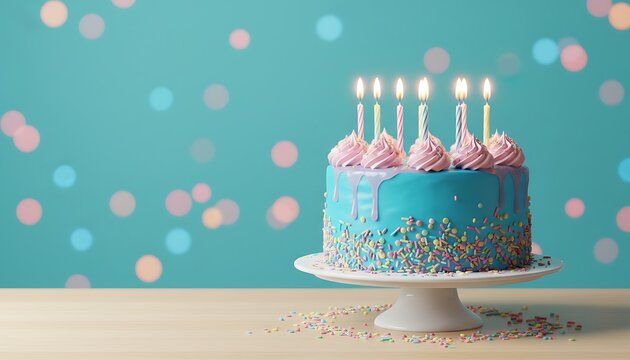 A festive blue birthday cake with sprinkles and six lit candles on a teal background