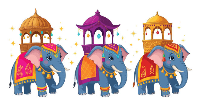 Three colorful elephants with ornate saddles and decorative towers behind them on a white background with a whimsical and festive mood.