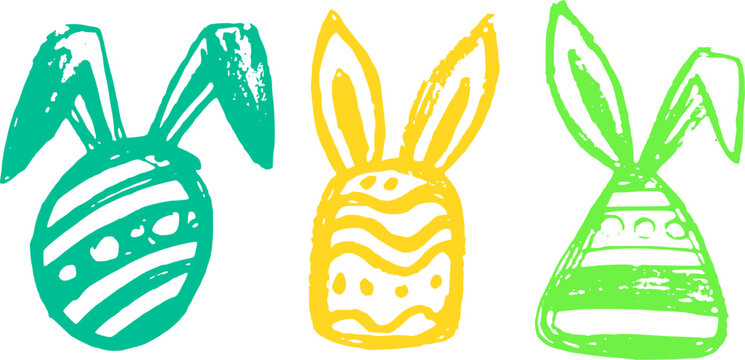 Set of colorful hand drawn Easter eggs with bunny ears. Doodle vector illustration.