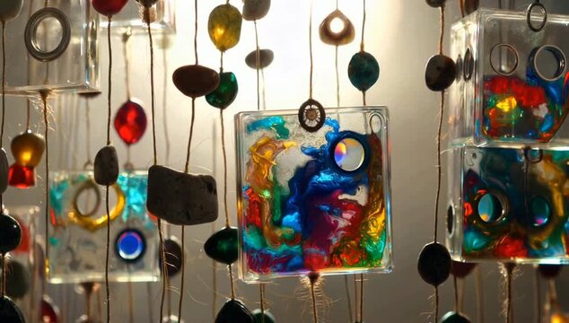 Colorful glass beads and cubes on strings