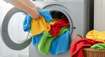 Brightly Colored Laundry Day with Fresh Towels in a Silver Front Load Washing Machine Ready to Wash