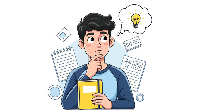 Young man contemplating ideas with thought bubble surrounded by office supplies