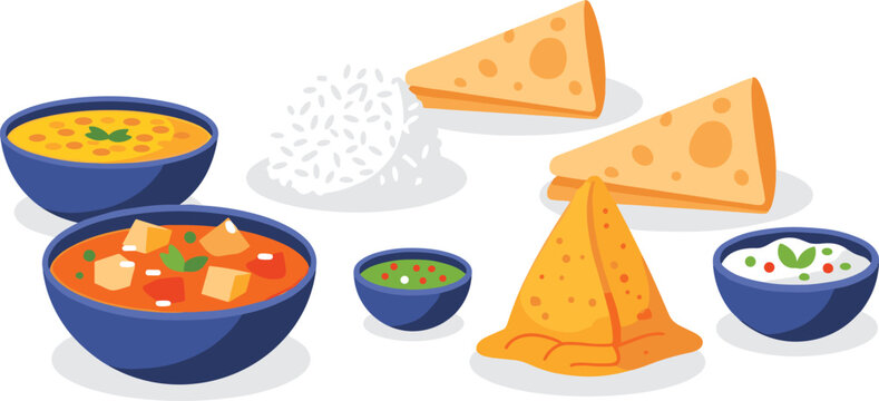 Indian cuisine set with paneer curry dal soup rice samosa naan bread and yogurt dipping sauce illustration