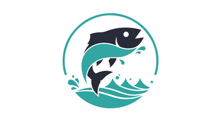 Fototapeta premium Logo of two fish jumping out of turquoise wave in a circle on white background with a modern graphic design style.