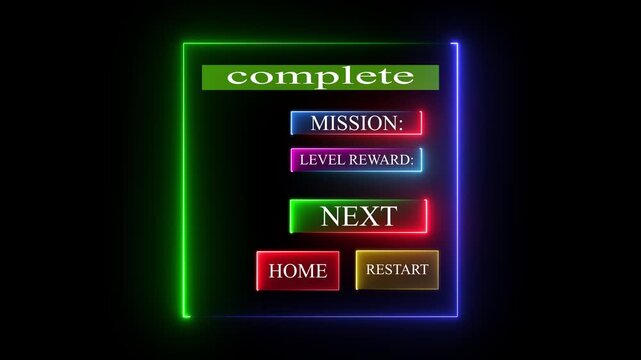 Neon Game Complete Screen Interface with Mission Reward Next Home Restart Buttons.