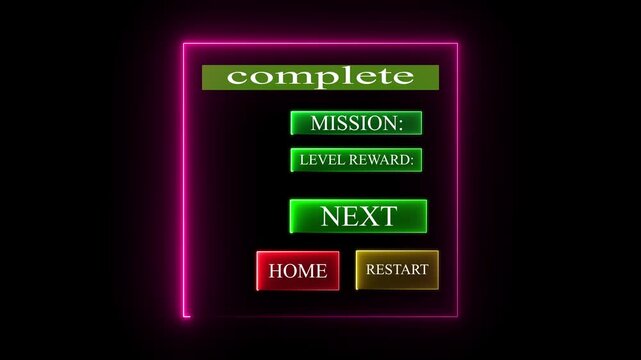 Neon Game Complete Screen Interface with Mission Reward Next Home Restart Buttons.