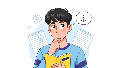 Young man contemplating with a thought bubble and open book illustration