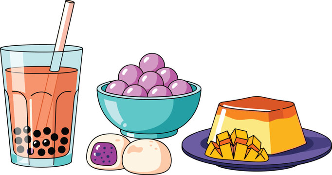 Asian dessert and drink set, refreshing tapioca bubble tea, mochi, taro balls, and mango pudding