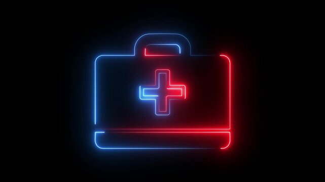 Red and Blue Neon Medical Briefcase with Healthcare Cross Glowing First Aid Kit on Dark.