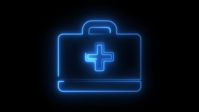 Blue Neon Medical Briefcase with Healthcare Cross Glowing First Aid Kit on Dark Background.