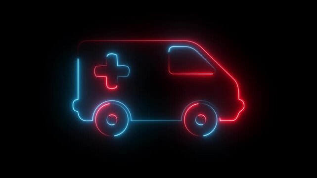 Red and Blue Neon Ambulance with Medical Cross Glowing Emergency Vehicle on Dark Background.