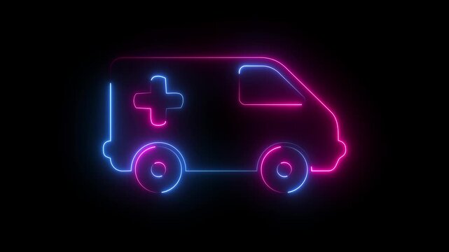 Pink and Blue Neon Ambulance with Medical Cross Glowing Emergency Vehicle on Dark Background