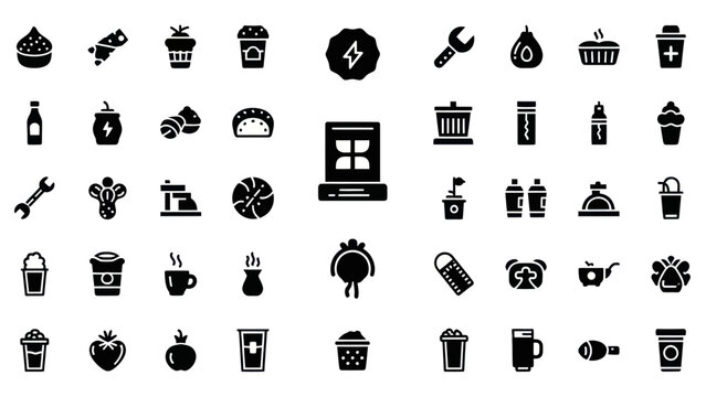 Collection of Food and Drink Icons: Coffee, Tacos, Cake, Tools, and More
