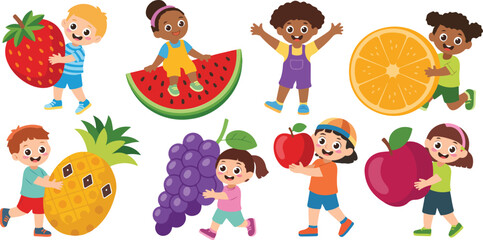 Fototapeta premium Happy Children with Fresh Fruits Illustration Set Featuring Strawberry, Watermelon, Pineapple, Grape, Orange, and Apple for Healthy Food, Nutrition, and Kids Design Projects