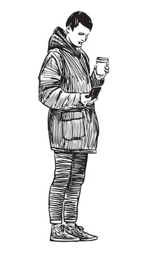 One casual young citizen with coffee cup standing outdoors and looking at smartphone, realistic sketch, vector hand drawn illustration isolated on white background
