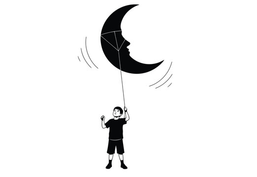 A simple, charming black and white illustration depicts a small child holding the string of a large, crescent moon-shaped kite featuring a whimsical face.