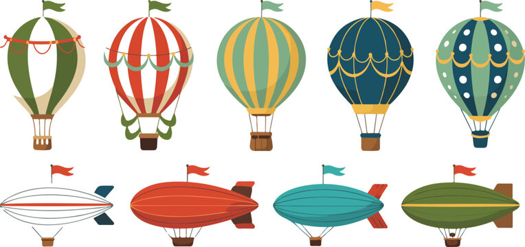 Hot Air Balloon and Airship Illustration Set Featuring Colorful Vintage Flying Transport Vehicles for Travel, Adventure, Kids, and Cartoon Design Projects