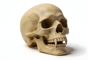 Fototapeta premium Human skull face with fangs and detailed bone structure on white background, spooky Skeleton