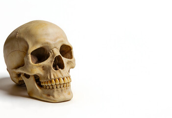 Obraz premium Human skull face left side profile anatomical model with empty eye sockets and teeth