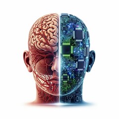 Illustrating the profound synergy of human biology and artificial intelligence, this conceptual art piece visualizes the intricate connection between organic thought and advanced digital processing