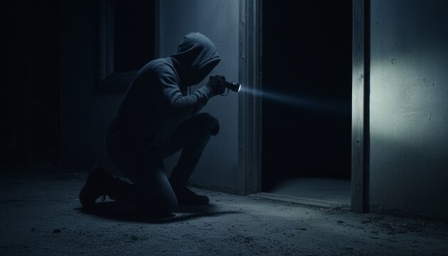 Intruder with Flashlight Exploring Dark Abandoned Building