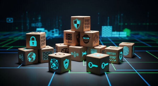 A stack of glowing security icon blocks represents digital data protection and cyber defense.