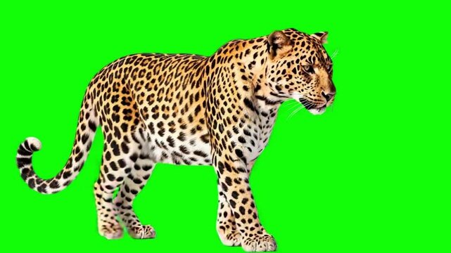 Leopard Walking on Green Screen Background, Wild African Big Cat Side View Motion for Chroma Keying