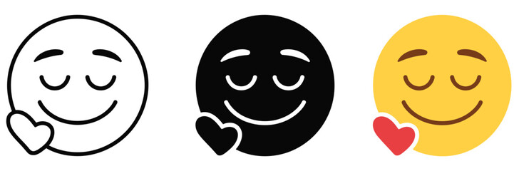 Obraz premium Love emoji icon set, three smiley faces with hearts in minimalist styles, representing affection, romantic emotions, and social interaction for mobile apps and web design