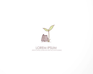 Hand-drawn cozy cottage on young sprout stem. Minimal whimsical doodle style vector illustration for greeting cards, posters, nature themes and new beginnings designs. © elinacious