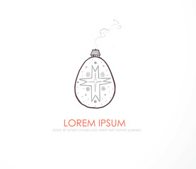 Hand-drawn cozy cottage on top of decorated Easter egg with chimney smoke. Whimsical doodle vector illustration for holiday greeting cards, spring posters and festive designs. © elinacious