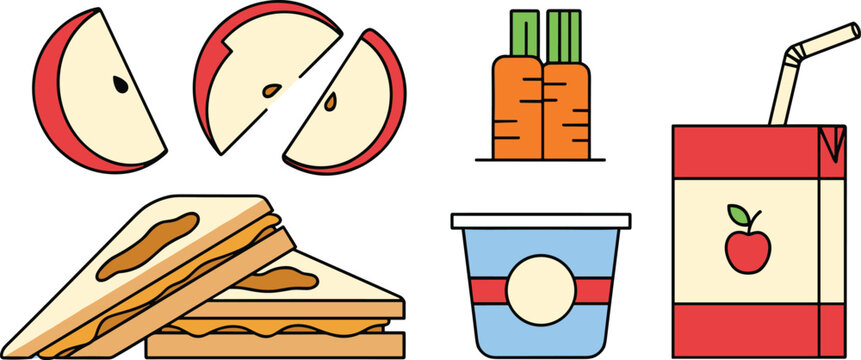 Healthy lunch items apple slices carrots sandwich yogurt and juice box balanced meal options