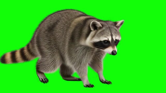 Common Raccoon Walking and Looking Around on Green Screen Background, Isolated North American Mammal 4K